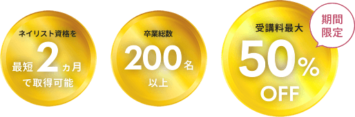 ネイリスト資格を最短2ヵ月で取得可能,卒業総数200名以上,受講料最大50%OFF期間限定